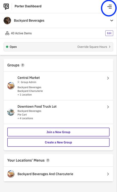 Vendor Dashboard hamburger